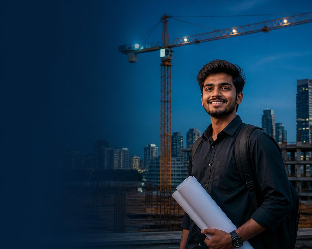 Civil engineering student holding blueprints at a Bengaluru construction site